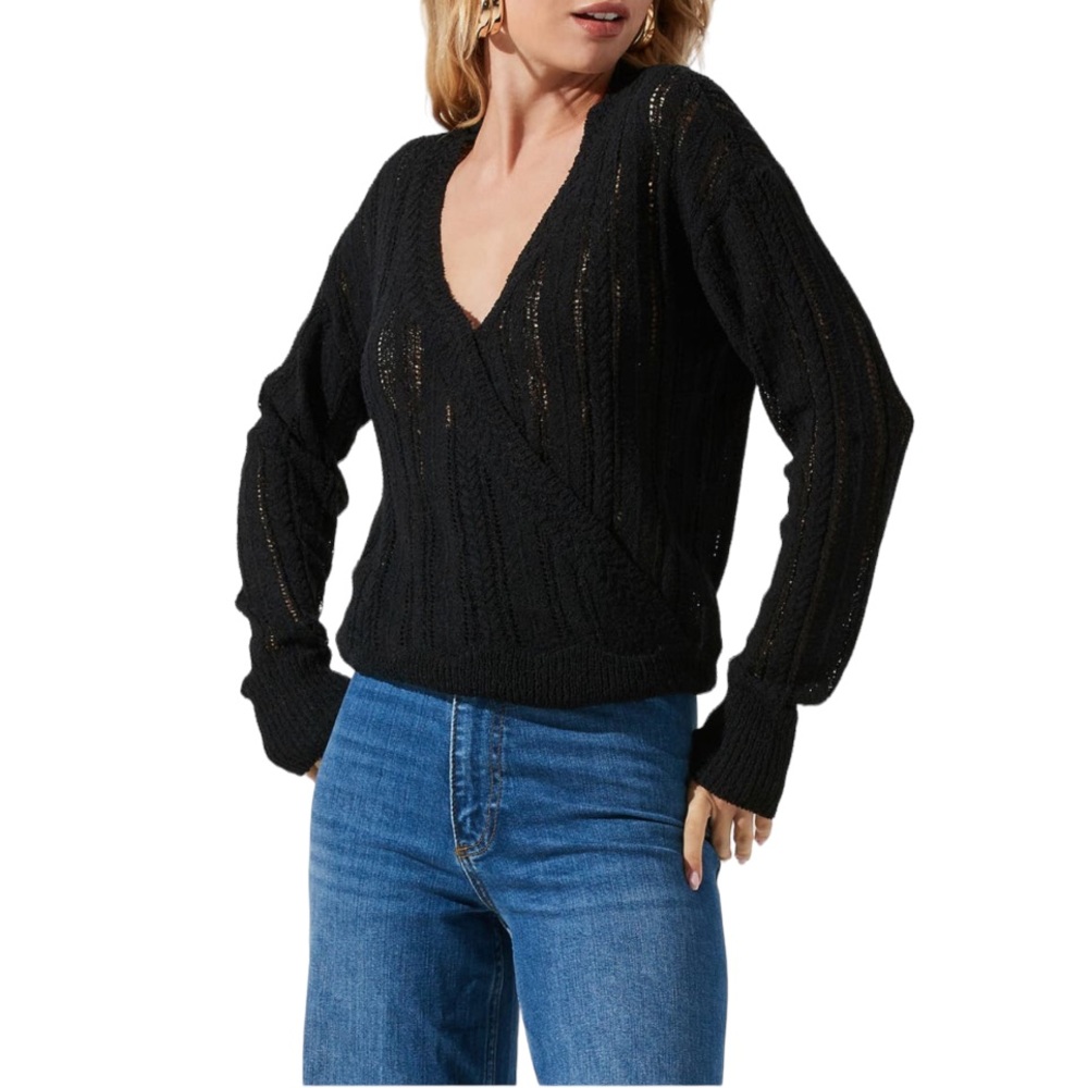 ASTR the Label Black Faux Wrap Pointelle Knit Sweater - Picture 2 of 16